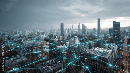 Aerial view of modern city with digital network connections, representing the concept of big data  