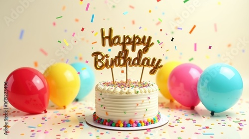 Wallpaper Mural cake with 3d happy birthday text with baloons, confetti, plain background Torontodigital.ca