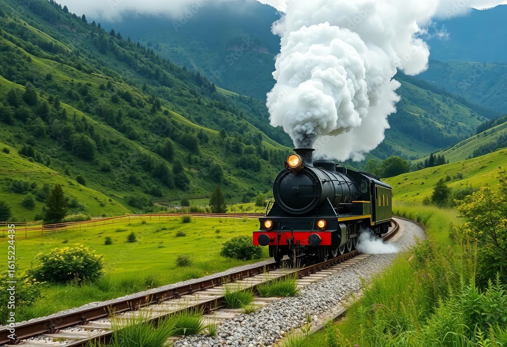 Obraz premium A majestic steam locomotive speeding through a lush green valley, cloudscape, rural