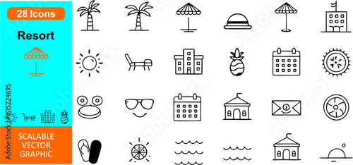 Resort Vector Icon Set — Flat Editable Icons of Beach, Pool, Tropical Drink, Hotel, Palm Tree, Spa, Sunbed, Relaxation, Vacation, Travel & Luxury Stay for Tourism & Holiday Projects

