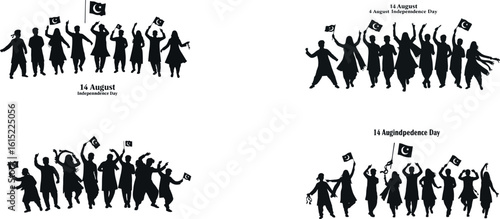 Patriotic Dance Silhouette of Youth Celebrating 14 August – Independence Day Vector Illustration

