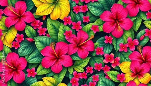 Vibrant hibiscus and lush tropical leaves in a continuous repeating pattern, pattern, hibiscus pattern