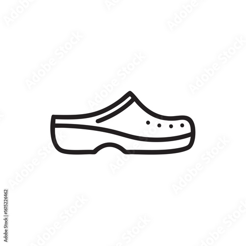 A black and white line drawing of a single clog shoe.