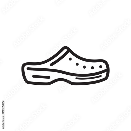A black and white line drawing of a single clog shoe.