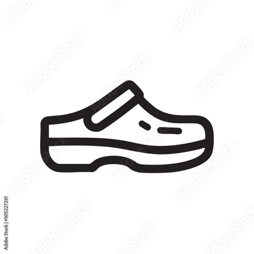 A black and white line drawing of a clog shoe.