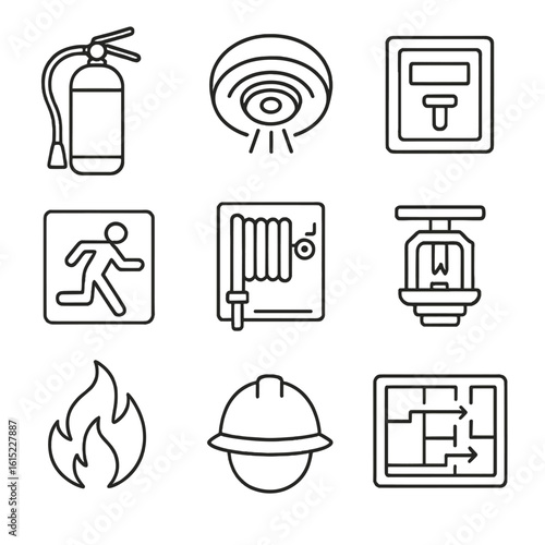 Fire Safety Icons. Line style icons of Fire Safety Basics: fire extinguisher, smoke detector, fire alarm pull station, emergency