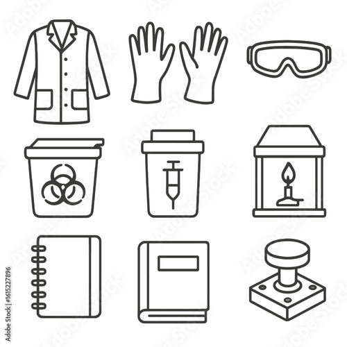 Lab Safety Icon Set. Line style icons of Laboratory Safety Gear: lab coat, nitrile gloves, safety goggles, Bunsen burner shield,