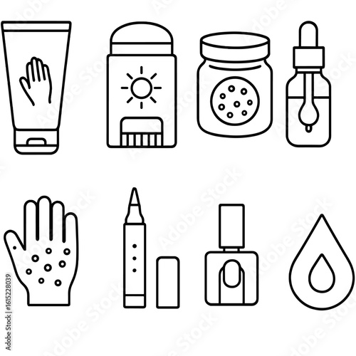 Hand Care Icons. Line style icons of Hand Rejuvenation Care: anti-aging hand cream, SPF hand stick, exfoliating sugar scrub,