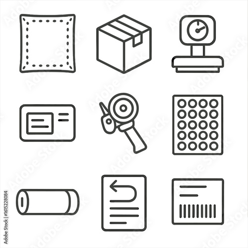Mailing Icons Collection. Line style icons of Mailing & Shipping Desk: padded envelope, shipping box, postage scale, address label