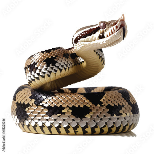 Exotic rhinoceros viper snake, a venomous reptile with distinctive horns, coiled in a striking pose and isolated on a clean white background.