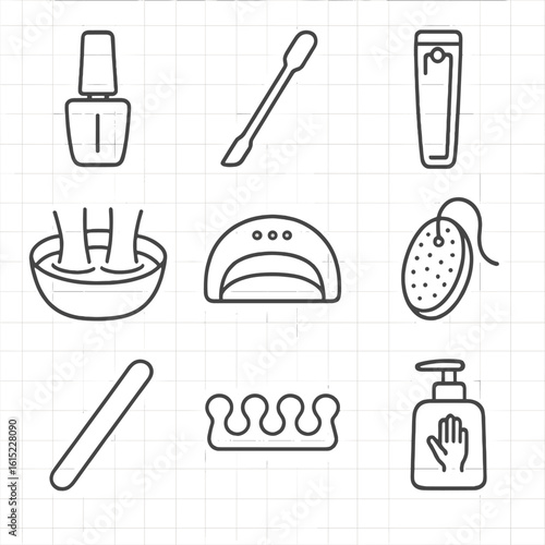 Manicure Pedicure Icons. Line style icons of Manicure & Pedicure Bar: nail polish bottle, cuticle pusher, nail clipper, foot bath