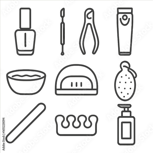 Manicure Pedicure Icons. Line style icons of Manicure & Pedicure Bar: nail polish bottle, cuticle pusher, nail clipper, foot bath