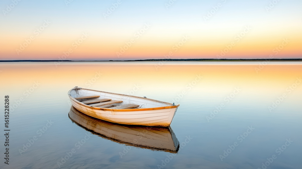 Naklejka premium Serene boat floating still under early twilight sky reflects calm waters