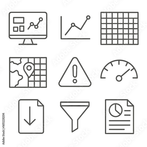 Line Style Dashboard Icons. Line style icons of Grid Analytics & Visualization: dashboard monitor, trend line graph, heat map,