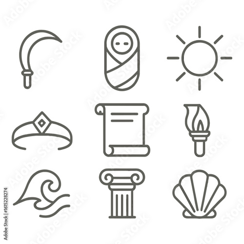 Titan Line Icons. Line style icons of Titans: Cronus sickle, Rhea swaddled infant, Oceanus wave, Hyperion sun disk, Theia diadem,