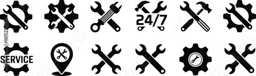 Mechanic & Technical Support Icon Set: Black Vector Symbols for Repair, Maintenance, Service & Industry