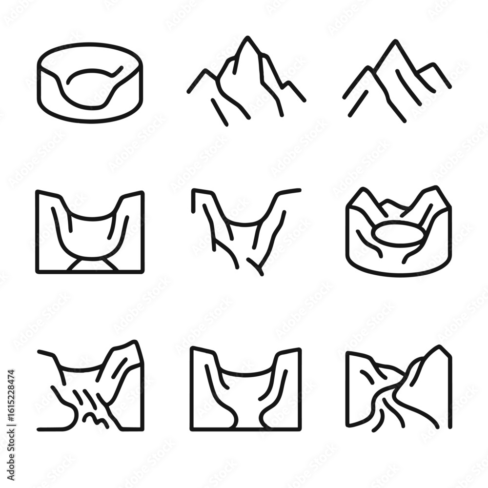 Fototapeta premium Glacial Landform Icons. Line style icons of Glacial Landforms: cirque amphitheater, arête ridge, glacial horn, U-shaped valley,