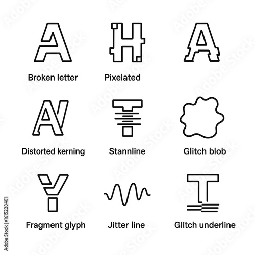 Glitch Typography Icons. Line style icons of Glitch Typography Effects: broken letter, pixelated font, offset character, distorted