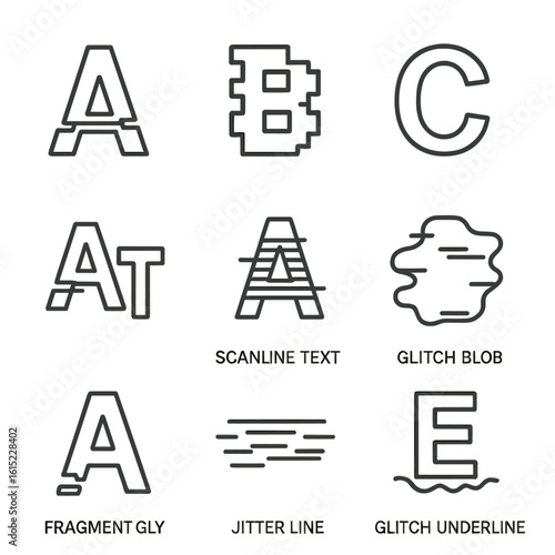 Glitch Typography Icons. Line style icons of Glitch Typography Effects: broken letter, pixelated font, offset character, distorted