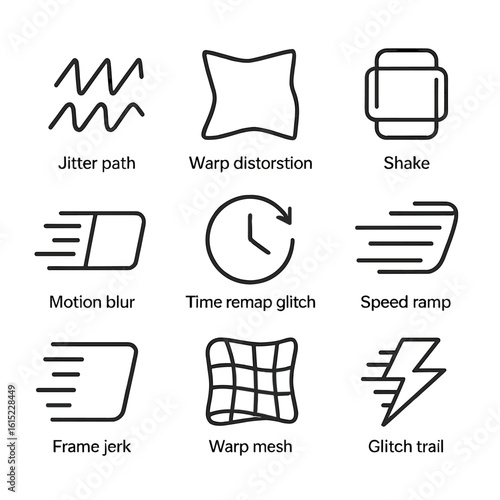 Motion Graphics Glitches. Line style icons of Motion Graphics Glitch: jitter path, warp distortion, shake icon, motion blur glitch