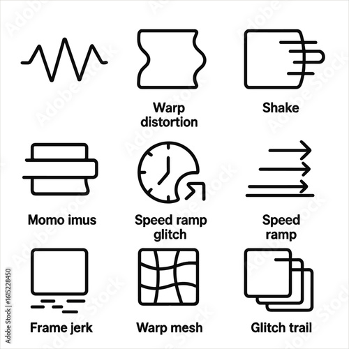 Motion Graphics Glitches. Line style icons of Motion Graphics Glitch: jitter path, warp distortion, shake icon, motion blur glitch