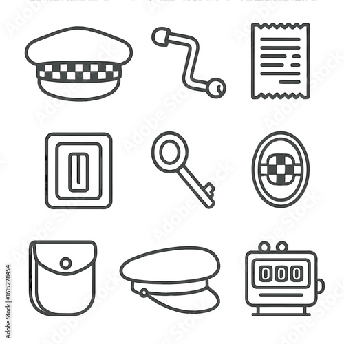 Retro Cabbie Icons. Line style icons of Retro Cabbie Memorabilia: vintage taxi cap, meter crank, paper receipt, coin slot, meter