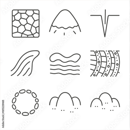 Periglacial Icon Set. Line style icons of Periglacial Features: patterned ground polygon, frost heave mound, ice wedge crack,
