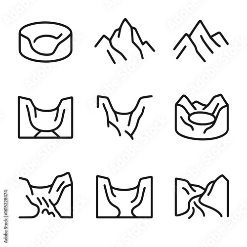 Glacial Landform Icons. Line style icons of Glacial Landforms: cirque amphitheater, arête ridge, glacial horn, U-shaped valley,