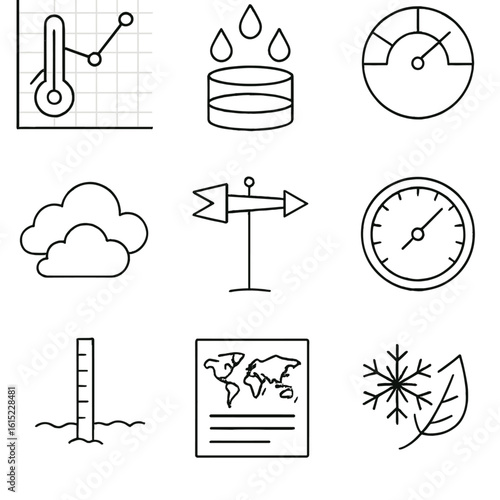 Climatology Icon Set. Line style icons of Climatology & Weather: temperature chart, precipitation gauge, albedo meter, cloud cover