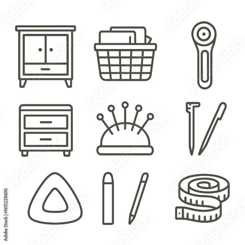 Sewing Room Essentials Icons. Line style icons of Family Sewing Room Essentials: wooden sewing cabinet, fabric storage basket,