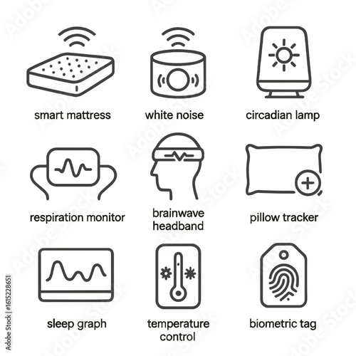 Sleep Technology Icons. Line style icons of Sleep Enhancement Systems: smart mattress, white noise emitter, circadian lamp,