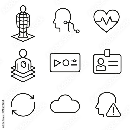 Digital Twin Icons. Line style icons of Digital Twin Patients: 3D avatar hologram, data‐stream link, vital sign icon, organ layer