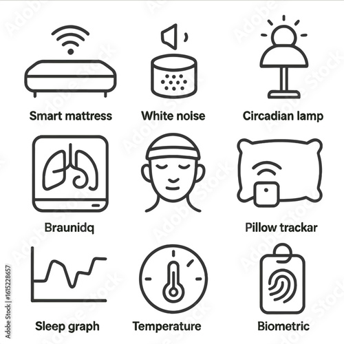 Sleep Technology Icons. Line style icons of Sleep Enhancement Systems: smart mattress, white noise emitter, circadian lamp,