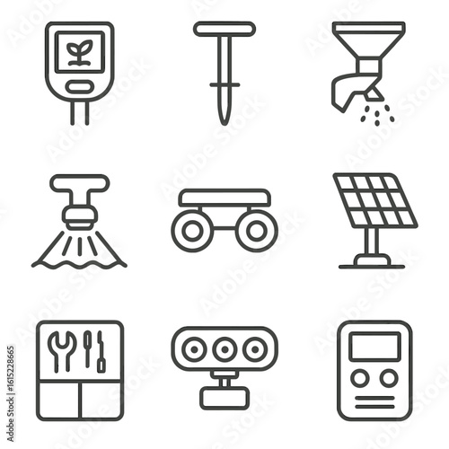 Agricultural Robot Icons. Line style icons of Agricultural Robot Tools: crop sensor, soil sampler probe, seed dispenser,