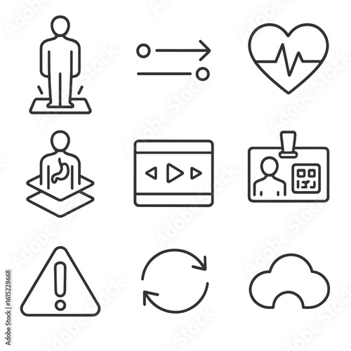 Digital Twin Icons. Line style icons of Digital Twin Patients: 3D avatar hologram, data‐stream link, vital sign icon, organ layer