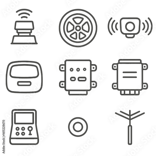 Autonomous Vehicle Icons. Line style icons of Autonomous Vehicle Robots: LiDAR sensor, wheel rim, sensor cluster, hatch door,
