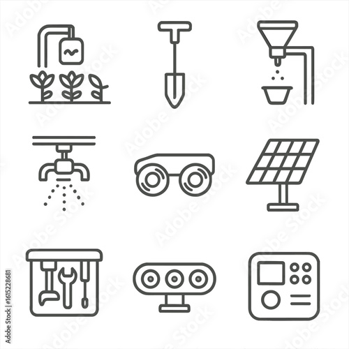 Agricultural Robot Icons. Line style icons of Agricultural Robot Tools: crop sensor, soil sampler probe, seed dispenser,