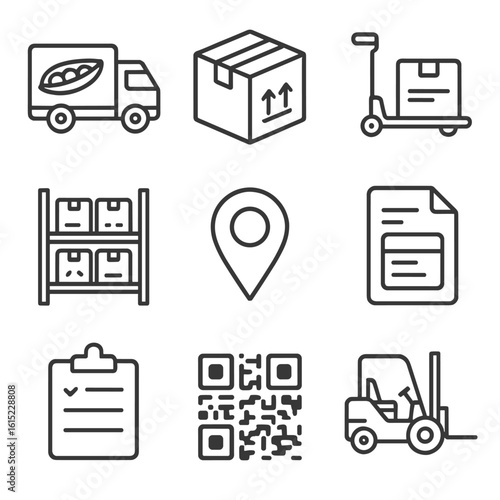 Frozen Pea Distribution Icons. Line style icons of Frozen Pea Logistics & Distribution: delivery truck, shipping box, pallet jack,