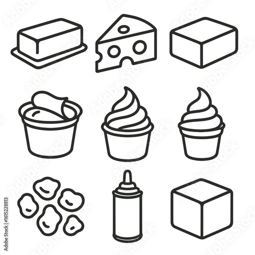 Frozen Dairy Icons. Line style icons of Frozen Dairy Products: butter stick, cheese slice, cream cheese block, sour cream tub,