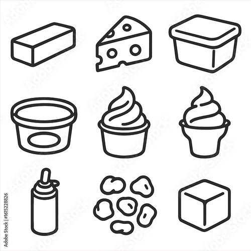 Frozen Dairy Icons. Line style icons of Frozen Dairy Products: butter stick, cheese slice, cream cheese block, sour cream tub,
