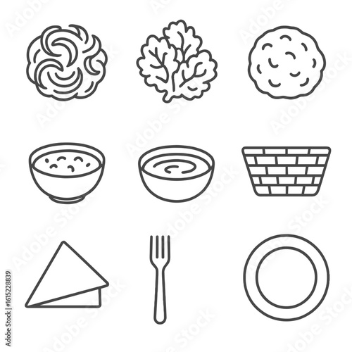 Pakora Appetizer Icons. Line style icons of Pakora Appetizer Tray: onion pakora, spinach pakora, potato pakora, mint chutney bowl,