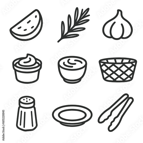 Potato Wedges Icons. Line style icons of Potato Wedges Serving: potato wedge, rosemary sprig, garlic clove, ketchup cup, sour