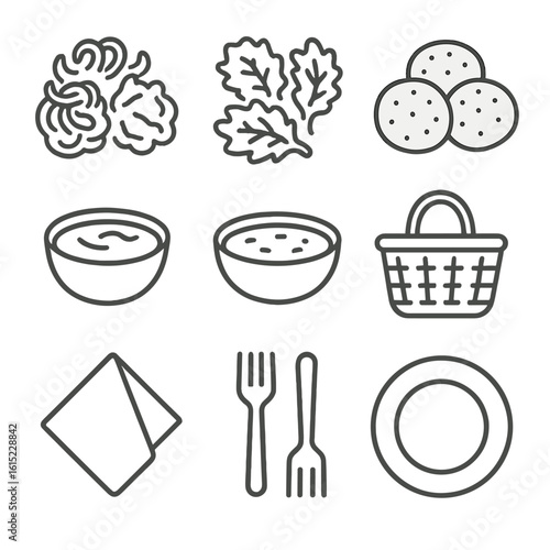 Pakora Appetizer Icons. Line style icons of Pakora Appetizer Tray: onion pakora, spinach pakora, potato pakora, mint chutney bowl,