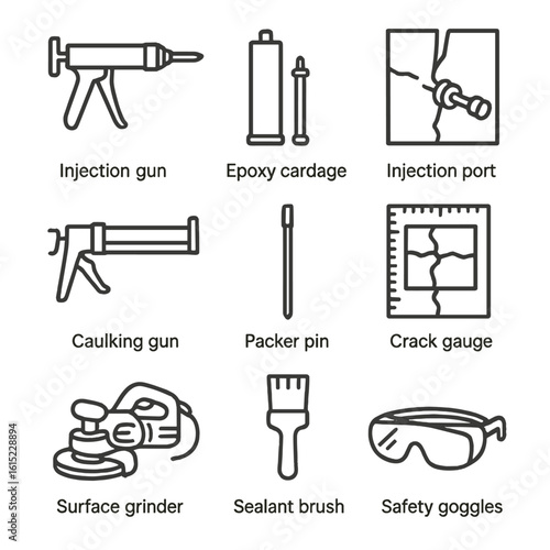 Foundation Repair Tools. Line style icons of Foundation Crack Repair: injection gun, epoxy cartridge, injection port, caulking gun