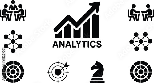 Business Analytics & Strategy Icon Set: Vector Symbols for Data Analysis, Growth, Teamwork, Targets & Planning