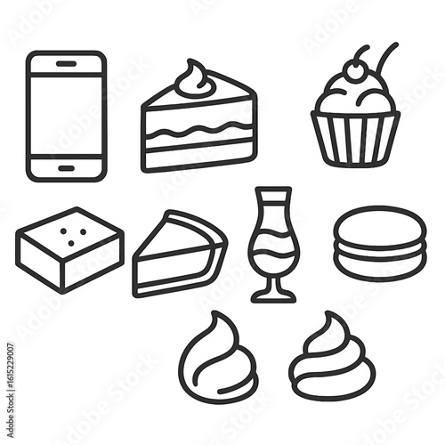 Dessert Line Icons. Line style icons of Dessert Selfie: smartphone, cake slice, cupcake, ice cream sundae, brownie square, pie