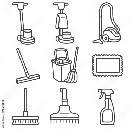Floor Cleaning Icons. Line style icons of Floor Cleaning Equipment: rotary scrubber, floor polisher, steam cleaner, wet vacuum,