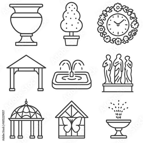 Botanical Garden Icons. Outline style icons of Botanical Garden Focal Installations: giant urn planter, topiary form, floral clock