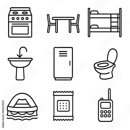 Crew Comfort Icons. Outline style icons of Crew Comfort & Facilities: galley stove, mess table, bunks, washbasin, locker, toilet