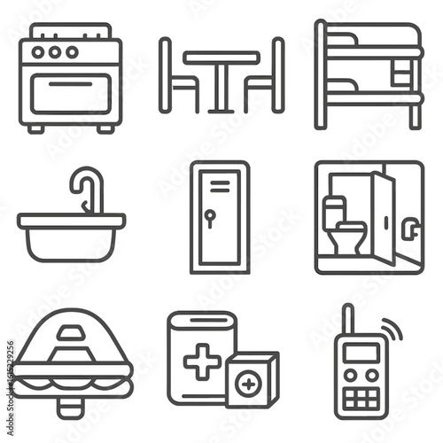 Crew Comfort Icons. Outline style icons of Crew Comfort & Facilities: galley stove, mess table, bunks, washbasin, locker, toilet